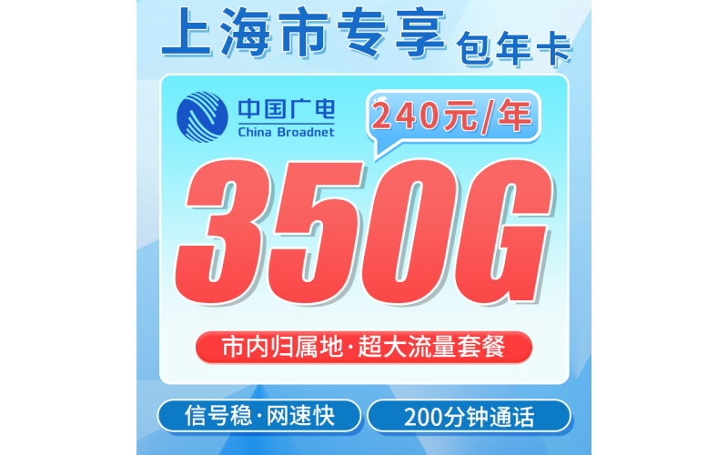 广电上海包年卡平均月租20元350G流量+200分钟+上海专属！