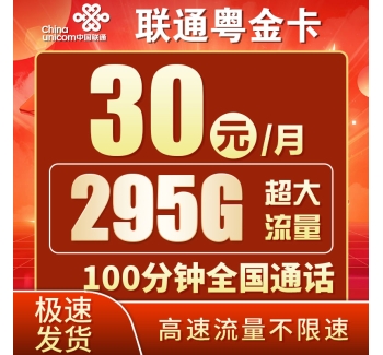 联通粤金卡30元295G+100分钟