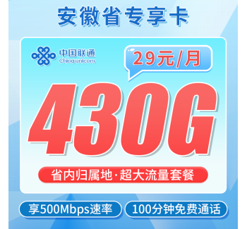 联通安徽卡29元430G+100分钟+超快网速！