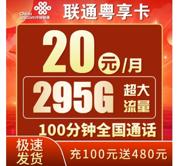 联通粤享卡20元295G+100分钟