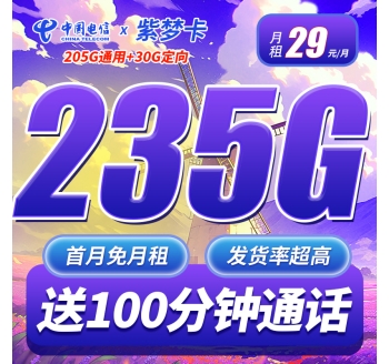 电信紫梦卡29元235G+100分钟