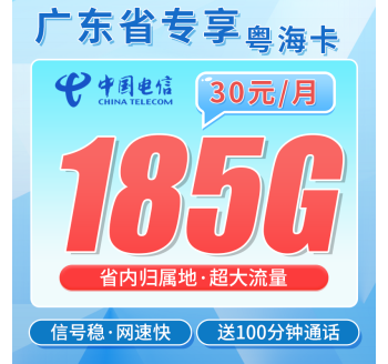 电信粤海卡30元185G全国流量+100分钟+广东专属！