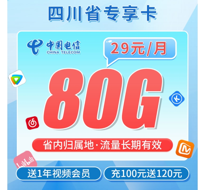 电信熊猫卡29元80G+一年视频会员